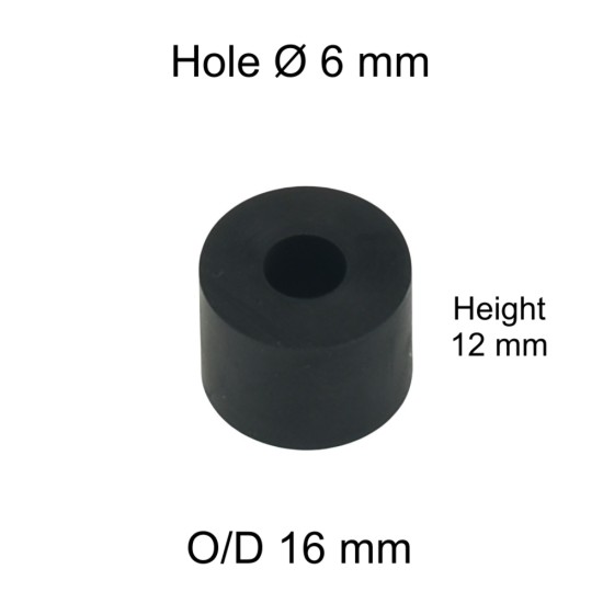 Rubber Washer, Hole M6 (6mm), O/D 16mm, Height 12mm