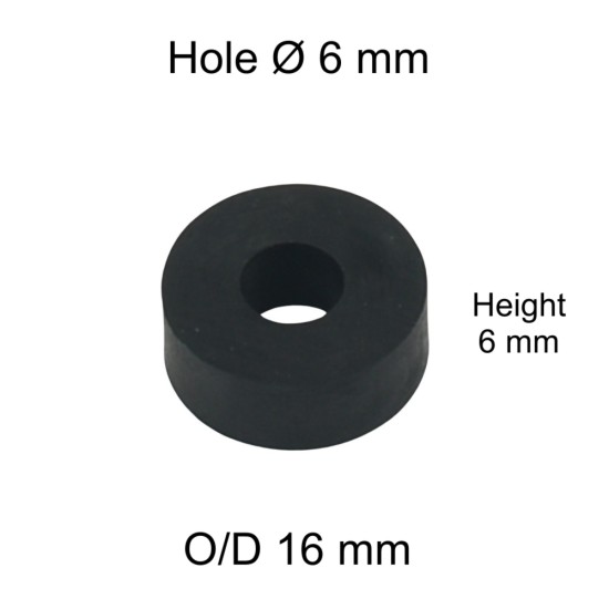 Rubber Washer, Hole M6 (6mm), O/D 16mm, Height 6mm Rubber Washer, Hole M6 (6mm), O/D 16mm, Height 6mm