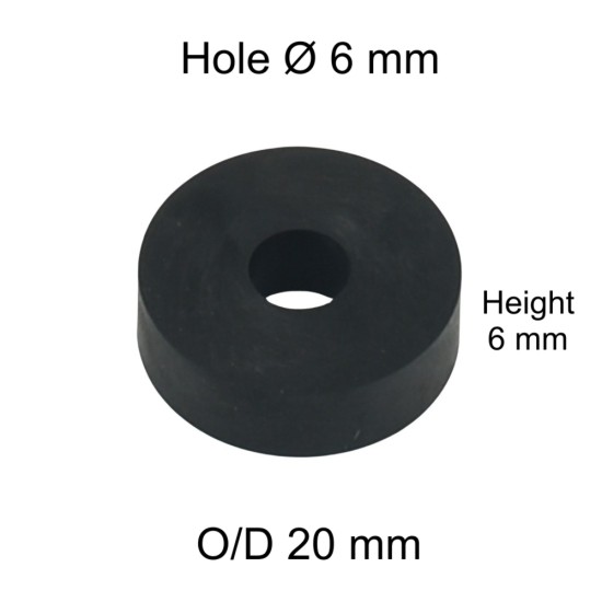 Rubber Washer, Hole M6 (6mm), O/D 20mm, Height 6mm