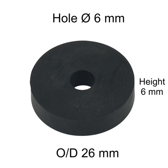 Rubber Washer, Hole M6 (6mm), O/D 26mm, Height 6mm Rubber Washer, Hole M6 (6mm), O/D 26mm, Height 6mm