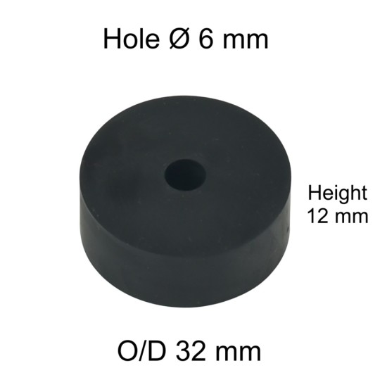 Rubber Washer, Hole M6 (6mm), O/D 32mm, Height 12mm Rubber Washer, Hole M6 (6mm), O/D 32mm, Height 12mm